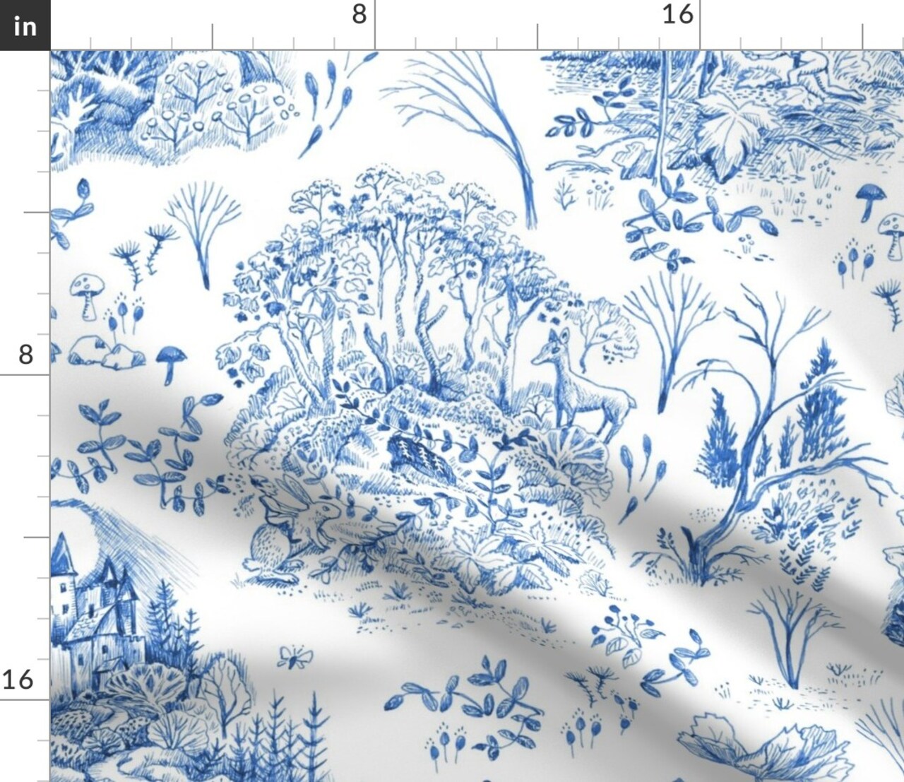 Toile Flowers Retro Fantasy Monochrome Frogs Fairy Castle De Jouy Nursery Custom Printed Fabric by Spoonflower Various Fabrics by the Yard or Fat Quarter